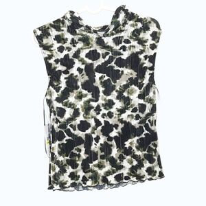 DKNY Pleated Animal Print Sleeveless Blouse Mock Neck Green Black Women M NWT